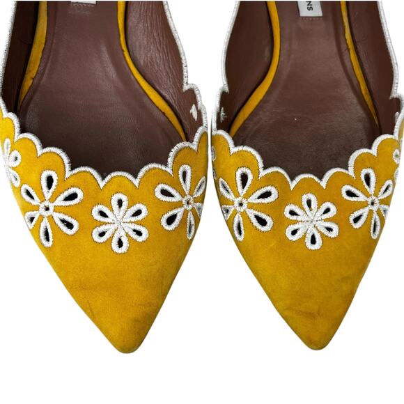 Tabitha Simmons Suede Embroidered Eyelet Flat 39 Gold Mustard 9 - Picture 9 of 12